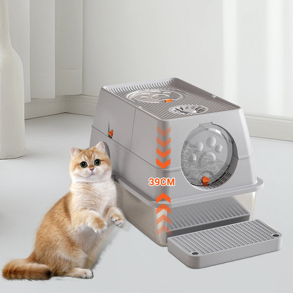 Stainless Steel Litter Box with Lid Anti-Leakage Non Stick Surface XXL Cat Litter Pan w/Scoop & Steps 60x40x39cm - Image 2