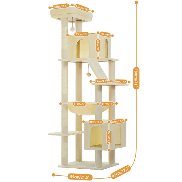Pawsh Comfort™ 180cm Large Cat Tree Tower – Spacious Climbing Frame with Sisal Scratching Post, Hammock & Perch - Image 8