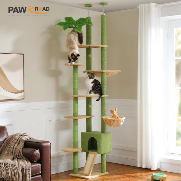 Pawsh Comfort™ Adjustable Floor-to-Ceiling Wooden Cat Tree – Spacious Condo, Scratching Posts, Hammock, Tunnel & Cat Toys - Image 7
