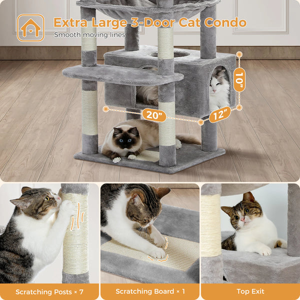 Pawsh Comfort™ Large Indoor Cat Tree Tower – Sisal-Covered Scratching Posts, Spacious Hammock, Padded Perches & Condos, Grey - Image 6