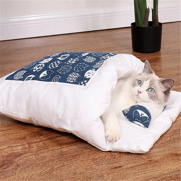 Japanese Cat Bed Warm Cat Sleeping Bag Deep Sleep Cave Winter Removable Pet House Bed for Cats Dogs Nest Cushion with Pillow - Image 2