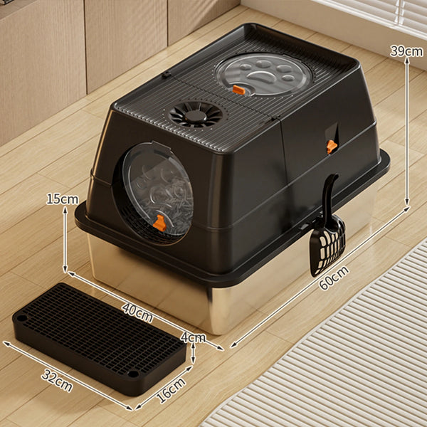Stainless Steel Litter Box with Lid Anti-Leakage Non Stick Surface XXL Cat Litter Pan w/Scoop & Steps 60x40x39cm - Image 10
