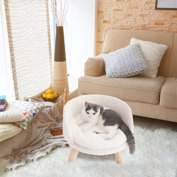 Luxury Cat Bed Soft Warm Plush Fabric Pet Nesting Chair Bed Stool Wood Legs with Cushion Pad Washable Waterproof for Small Pets - Image 3