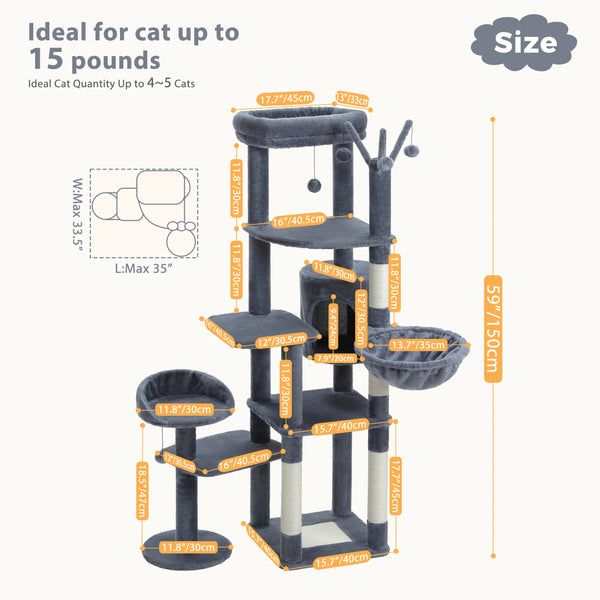 Pawsh Comfort™ Multi-Level Indoor Cat Tree – Tall Tower with Scratching Posts, Hammock, Large Perches, Hanging Balls & Spacious Condo House - Image 7