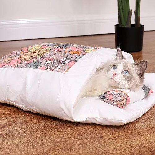 Japanese Cat Bed Warm Cat Sleeping Bag Deep Sleep Cave Winter Removable Pet House Bed for Cats Dogs Nest Cushion with Pillow - Image 24