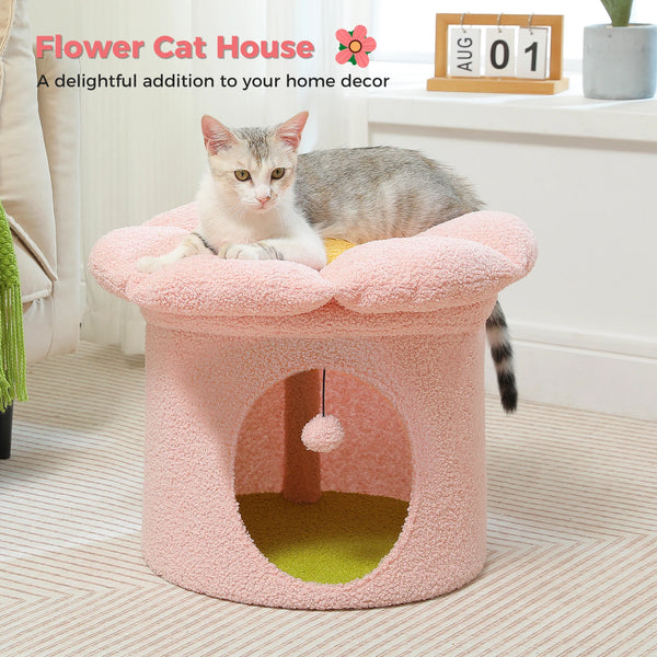 Cat Beds for Indoor Cats, Large Cat House with Removable Flower Cat Bed, Cute Cat Cave Cat Hideaway, Indoor Cat House Condo - Image 1