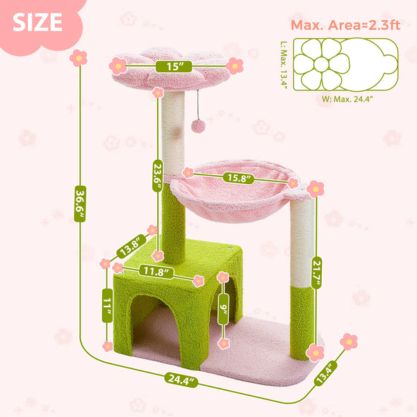 Pawsh Comfort™ Flower Cat Tree – Large Metal Frame Hammock, Sisal Scratching Posts & Pink Perch, Small Indoor Cat Tower - Image 4