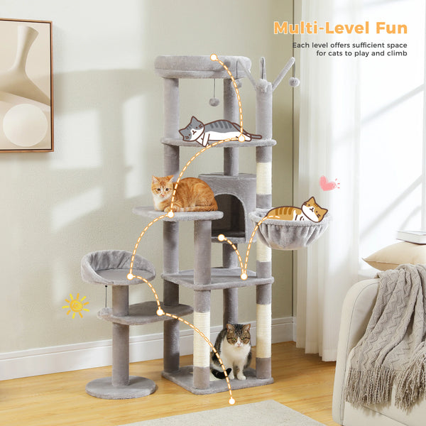 Pawsh Comfort™ Multi-Level Indoor Cat Tree – Tall Tower with Scratching Posts, Hammock, Large Perches, Hanging Balls & Spacious Condo House - Image 14