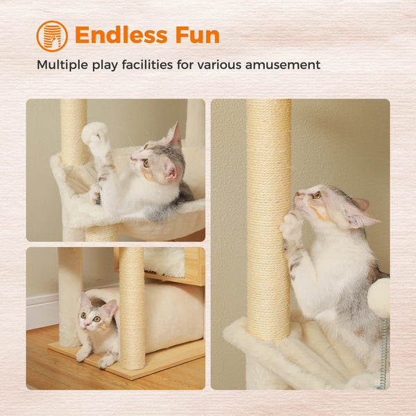 Pawsh Comfort™ Adjustable Floor-to-Ceiling Wooden Cat Tree – Spacious Condo, Scratching Posts, Hammock, Tunnel & Cat Toys - Image 4