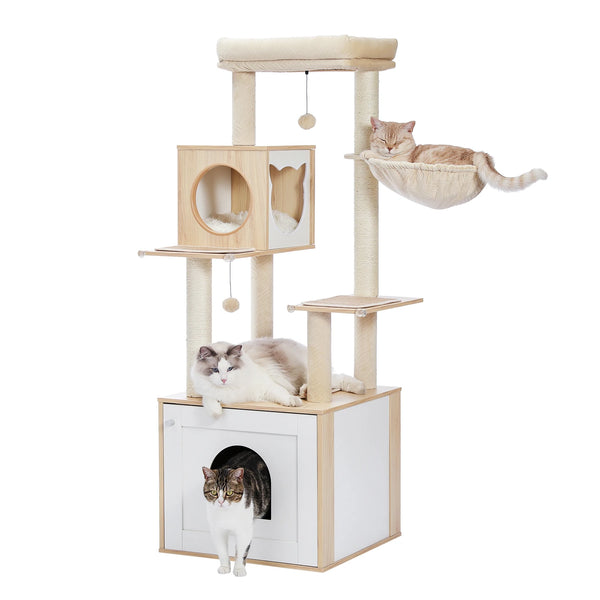 Pawsh Comfort™ Multi-Level Indoor Wood Cat Tree – Spacious Condo, Scratching Posts, Hammock, Top Perch & Cat Toys - Image 31