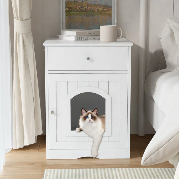 Wooden Pet House Cat Litter Box Enclosure with Drawer, Side Table, Indoor Pet Crate, Cat Home Nightstand - Image 2