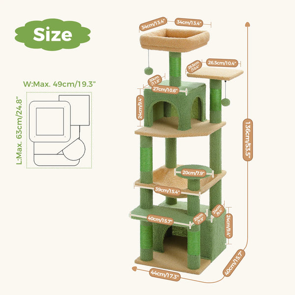 Pawsh Comfort™ 136cm Indoor Cat Tree Tower – Sisal-Covered Scratching Posts, Spacious Hammock, Padded Perches & Condos, Green - Image 4