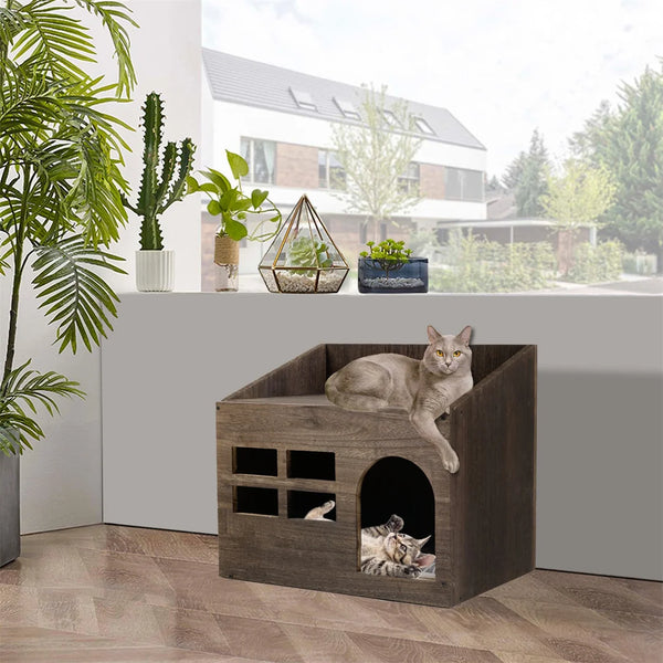 Wooden Cat Cave Bed Furniture Kitten Sleep Lounge House Bed with Cushion Pad Litter Box for Indoor Cats - Image 2