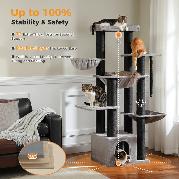 Pawsh Comfort™ Large Cat Tree for Big Cats – Robust Multi-Level Tower with Hammock, 11 Sisal Posts & Large Perch - Image 22