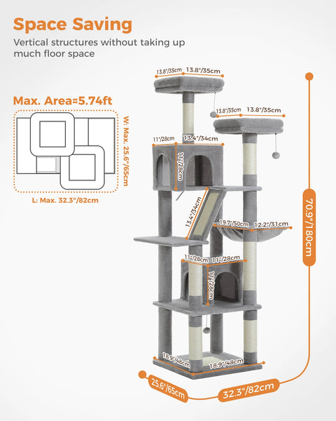 Pawsh Comfort™ Large Indoor Cat Tree – 180cm Tall Multi-Level Plush Tower with Sisal Scratching, Condos & Perches - Image 9