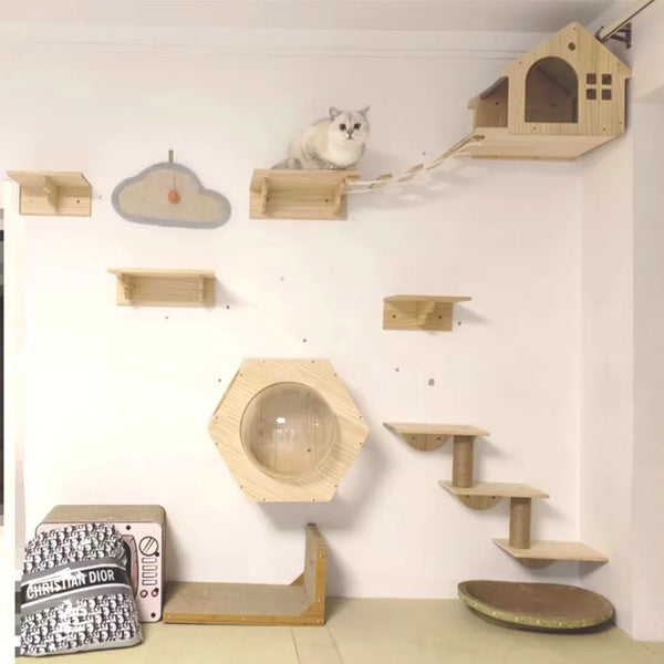 Pawsh Comfort™ Wall-Mounted Wooden Cat Tree – Shelves, Scratching Posts, Climbing Perches, Hammock, Steps & Ladder - Image 2