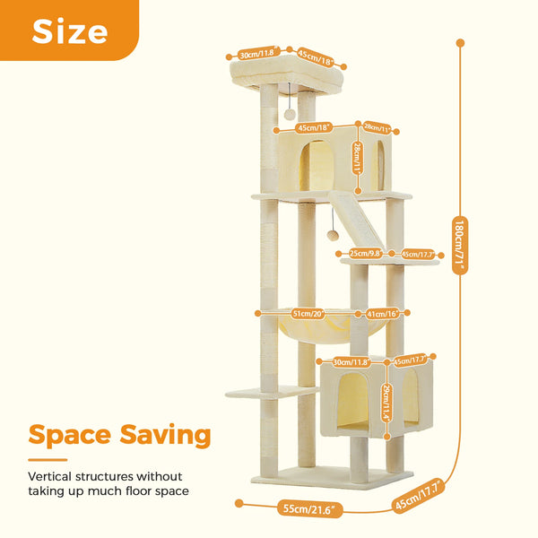 Pawsh Comfort™ 180cm Large Cat Tree Tower – Spacious Climbing Frame with Sisal Scratching Post, Hammock & Perch - Image 4