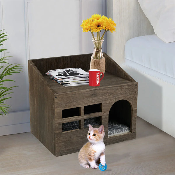 Wooden Cat Cave Bed Furniture Kitten Sleep Lounge House Bed with Cushion Pad Litter Box for Indoor Cats - Image 5