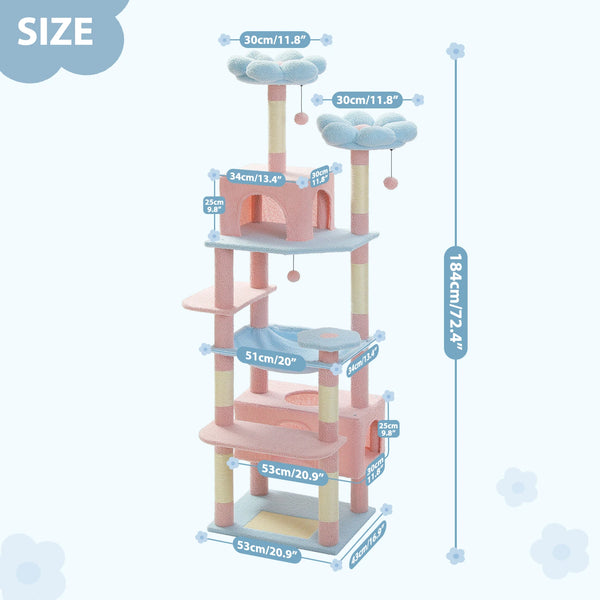 Pawsh Comfort™ 184cm Large Indoor Cat Tree Tower – Sisal-Covered Scratching Posts, Spacious Hammock, Padded Perches & Condos, Blue - Image 4