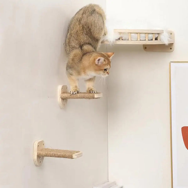 Pawsh Comfort™ Wall-Mounted Wooden Cat Tree – Shelves, Scratching Posts, Climbing Perches, Hammock, Steps & Ladder - Image 9