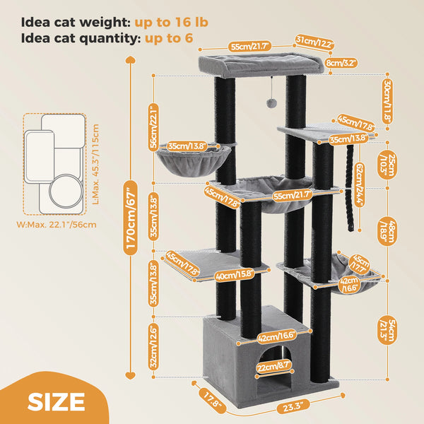 Pawsh Comfort™ Large Cat Tree for Big Cats – Robust Multi-Level Tower with Hammock, 11 Sisal Posts & Large Perch - Image 7