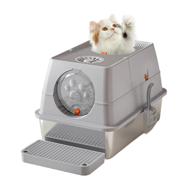 Stainless Steel Litter Box with Lid Anti-Leakage Non Stick Surface XXL Cat Litter Pan w/Scoop & Steps 60x40x39cm - Image 5