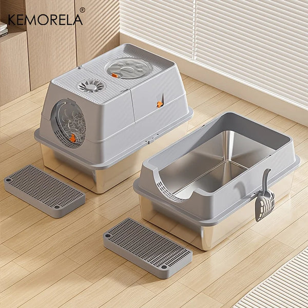 KEMORELA Stainless Steel Cat Litter Box XLExtra Large Litter Box for Big Cats Enclosed Removable with High Sided Enclosure Scoop - Image 1