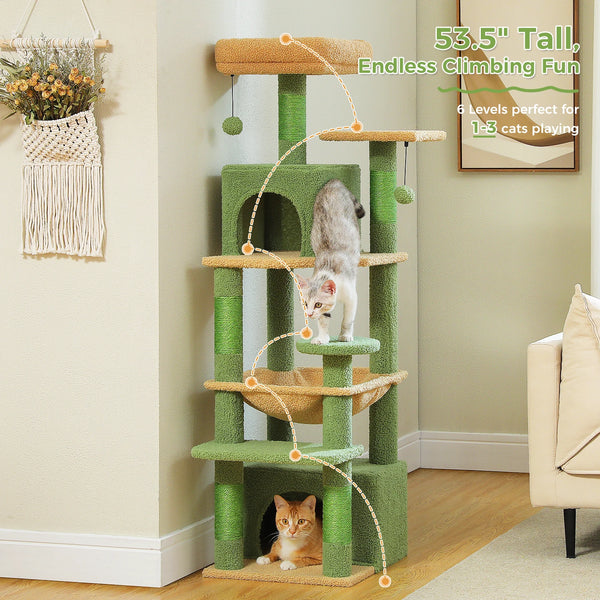 Pawsh Comfort™ 136cm Indoor Cat Tree Tower – Sisal-Covered Scratching Posts, Spacious Hammock, Padded Perches & Condos, Green - Image 3