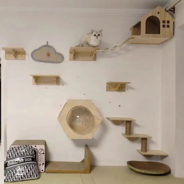 Pawsh Comfort™ Wall-Mounted Wooden Cat Tree – Shelves, Scratching Posts, Climbing Perches, Hammock, Steps & Ladder - Image 10