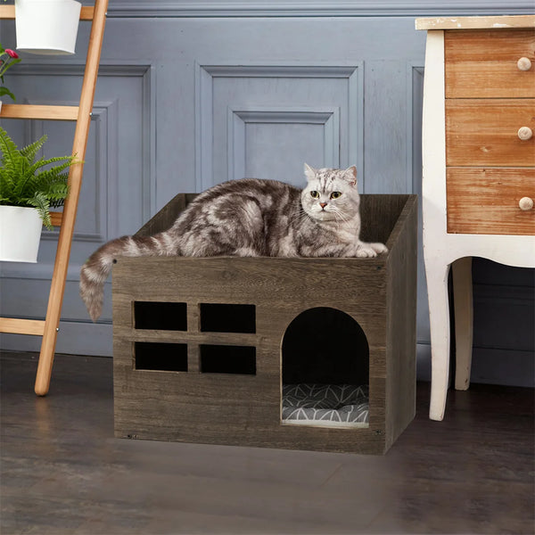 Wooden Cat Cave Bed Furniture Kitten Sleep Lounge House Bed with Cushion Pad Litter Box for Indoor Cats - Image 4