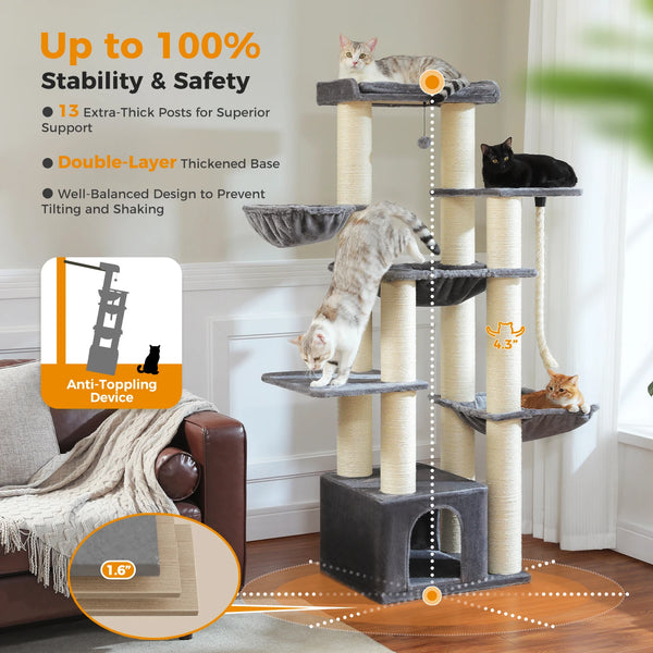 Pawsh Comfort™ Large Cat Tree for Big Cats – Robust Multi-Level Tower with Hammock, 11 Sisal Posts & Large Perch - Image 11