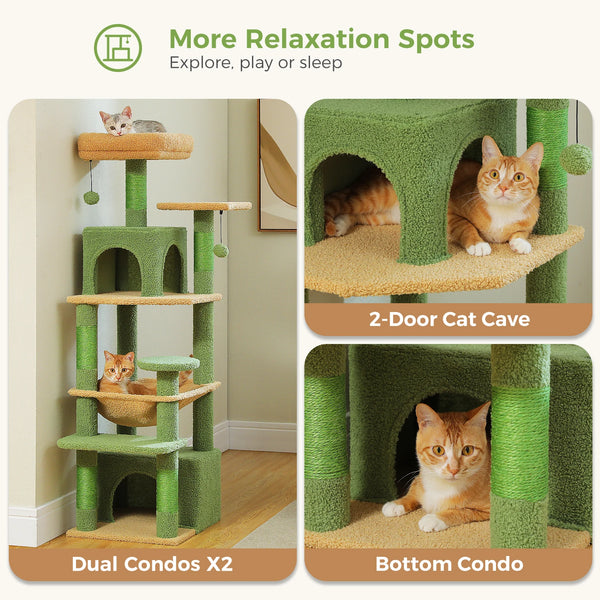 Pawsh Comfort™ 136cm Indoor Cat Tree Tower – Sisal-Covered Scratching Posts, Spacious Hammock, Padded Perches & Condos, Green - Image 5