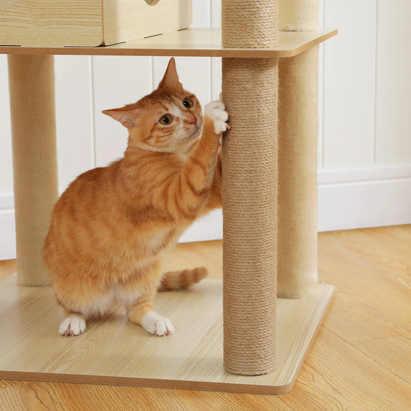 Pawsh Comfort™ Multi-Level Indoor Wood Cat Tree – Spacious Condo, Scratching Posts, Hammock, Top Perch & Cat Toys - Image 6