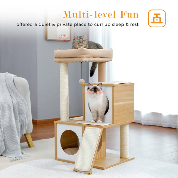 Pawsh Comfort™ Wooden Cat Tower – Double Condos, Spacious Perch, Fully Wrapped Sisal Scratching Posts & Replaceable Dangling Balls - Image 16