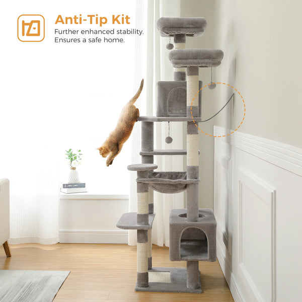 Pawsh Comfort™ Large Indoor Cat Tree Tower – Sisal-Covered Scratching Posts, Spacious Hammock, Padded Perches & Condos, Grey - Image 7