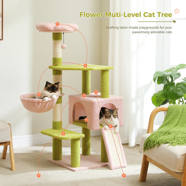 Flower Cat Tree, Multi-Level Cat Tower with Sisal Scratching Posts, Hammock, Ramp, Top Perch, Cat Condo for Indoor, Kitten Toys - Image 4