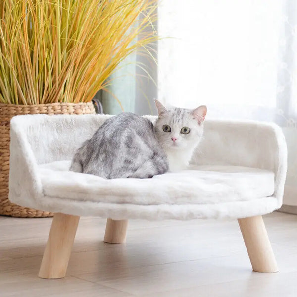 Luxury Soft Cat Bed Warm Plush Fabric Pet Nesting Chair Bed Washable Couch Wood Legs with Cushion Pad  for Small Pets - Image 1