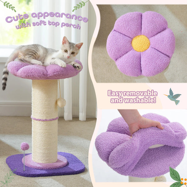 Pawsh Comfort™ Flower Small Cat Tree – Indoor Cat Scratching Post with Super Thick Natural Sisal, Pink Removable Perch, Mat & Playful Balls - Image 15