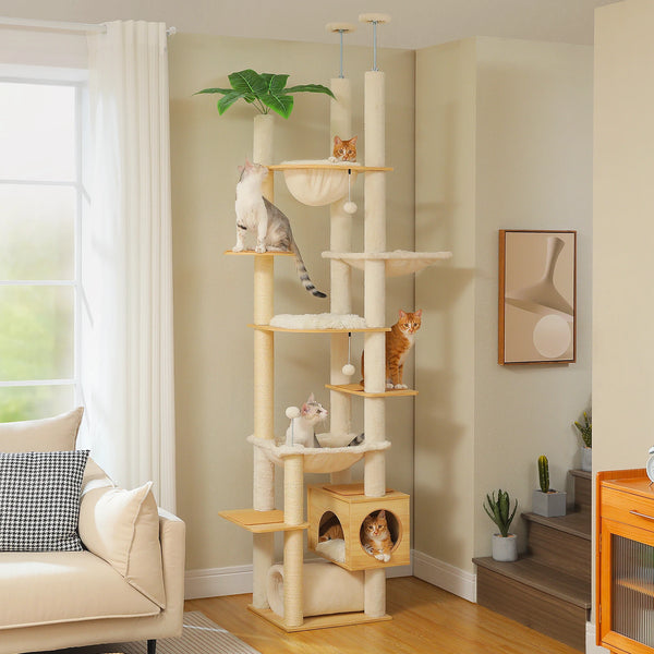 Pawsh Comfort™ Adjustable Floor-to-Ceiling Wooden Cat Tree – Spacious Condo, Scratching Posts, Hammock, Tunnel & Cat Toys - Image 2