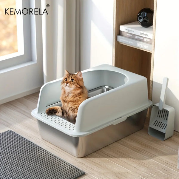 Stainless Steel Litter Box With Litter Mat And Litter Spade Lid High Side Suitable For Large Cats Closed Litter Tray With Spoon - Image 1
