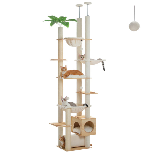 Pawsh Comfort™ Adjustable Floor-to-Ceiling Wooden Cat Tree – Spacious Condo, Scratching Posts, Hammock, Tunnel & Cat Toys - Image 10