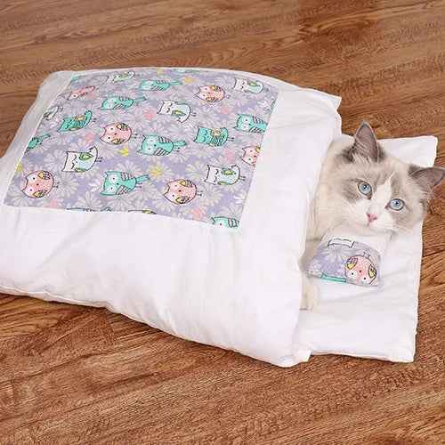 Japanese Cat Bed Warm Cat Sleeping Bag Deep Sleep Cave Winter Removable Pet House Bed for Cats Dogs Nest Cushion with Pillow - Image 21