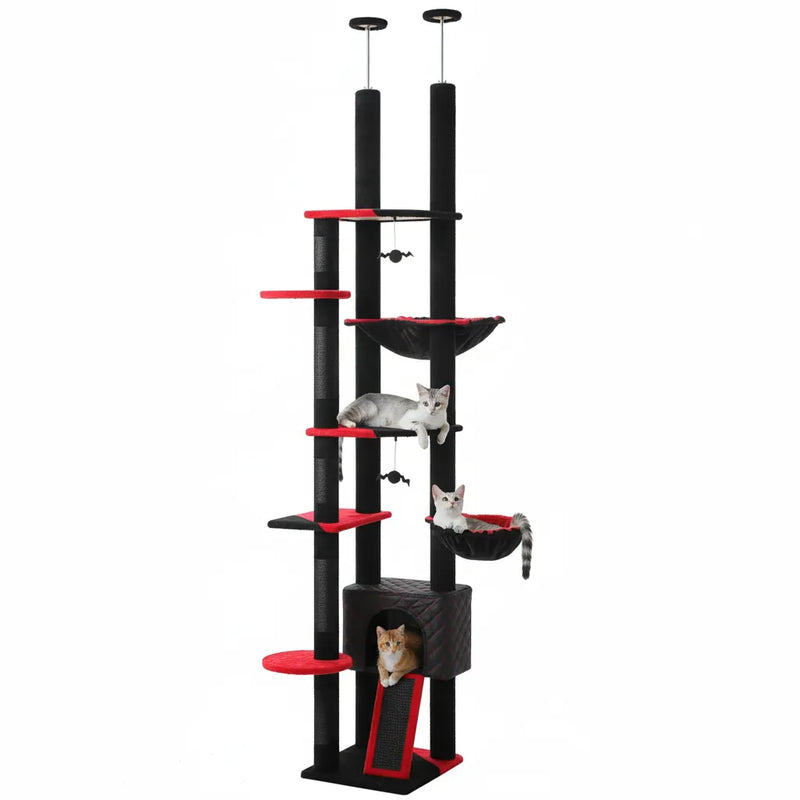Adjustable 230 to 252cm floor to ceiling cat tree with condo, hammock and scratching posts
