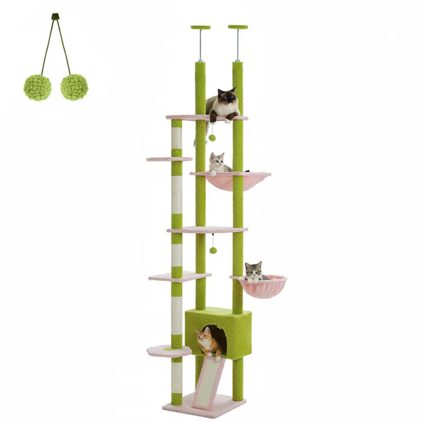 Pawsh Comfort™ Adjustable Floor-to-Ceiling Cat Tree (230–252cm) – Tall Cat Tower with Condo, Hammock, Hanging Ball & 5 Scratching Posts - Image 3