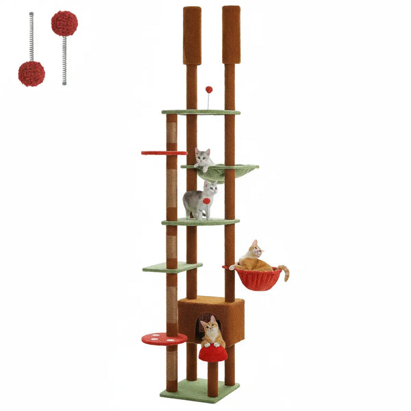 Pawsh Comfort™ Adjustable Floor-to-Ceiling Cat Tree (230–252cm) – Tall Cat Tower with Condo, Hammock, Hanging Ball & 5 Scratching Posts - Image 2