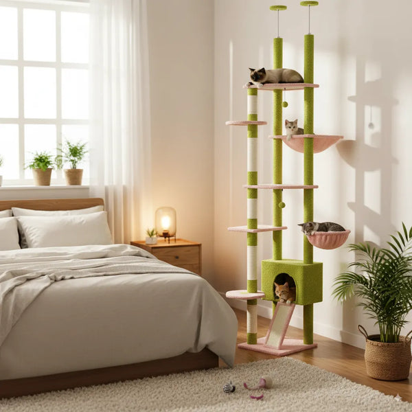 Pawsh Comfort™ Adjustable Floor-to-Ceiling Cat Tree (230–252cm) – Tall Cat Tower with Condo, Hammock, Hanging Ball & 5 Scratching Posts - Image 8