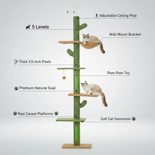 Pawsh Comfort™ 5-Tier Floor-to-Ceiling Cactus Cat Tree – Tall Indoor Climbing Tower with Scratching Post, Hammock & Dangling Ball - Image 5