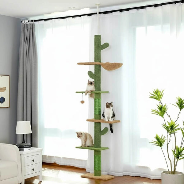 Pawsh Comfort™ 5-Tier Floor-to-Ceiling Cactus Cat Tree – Tall Indoor Climbing Tower with Scratching Post, Hammock & Dangling Ball - Image 2