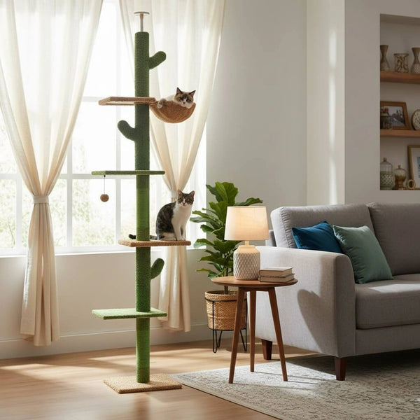 Pawsh Comfort™ 5-Tier Floor-to-Ceiling Cactus Cat Tree – Tall Indoor Climbing Tower with Scratching Post, Hammock & Dangling Ball - Image 3