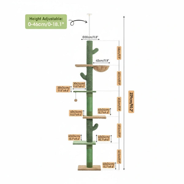 Pawsh Comfort™ 5-Tier Floor-to-Ceiling Cactus Cat Tree – Tall Indoor Climbing Tower with Scratching Post, Hammock & Dangling Ball - Image 6